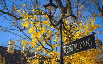 Restaurant Sign On Black Old Lamp Autumn Atmosphere